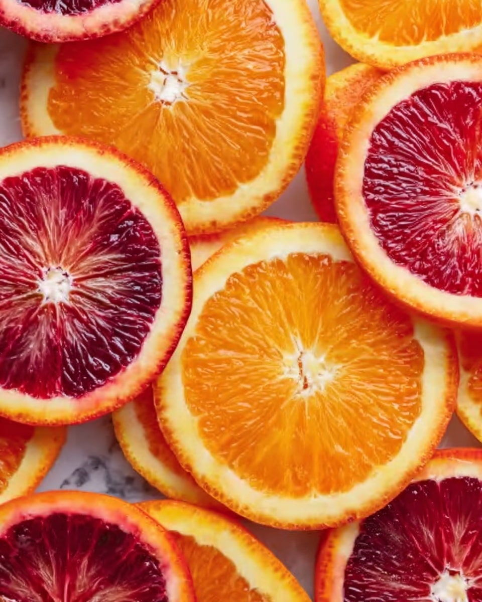 The image shows a close-up view of many thin slices of blood oranges and regular oranges placed side by side. The blood orange slices have a deep red to reddish-purple center with small white radial lines, transitioning to a bright orange rind. The regular orange slices have a glowing, vibrant orange center with a slightly lighter orange rind. The textures of the juicy orange flesh and the slightly rough rind are clear, and the slices overlap slightly, covering the entire frame. The background is a white marbled surface. photo taken with an iphone --ar 4:5 --v 7