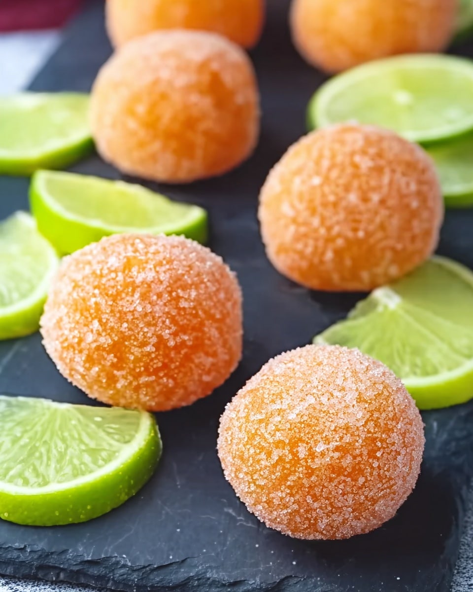 The image shows round orange balls with a textured sugar coating on them, placed on a dark slate surface with a white marbled texture. Around the balls, there are sliced lime wedges with bright green skin and light green insides. The background is softly blurred with a white marbled texture underneath. The scene looks fresh and colorful, highlighting the round orange shapes and the green lime slices. Photo taken with an iphone --ar 4:5 --v 7