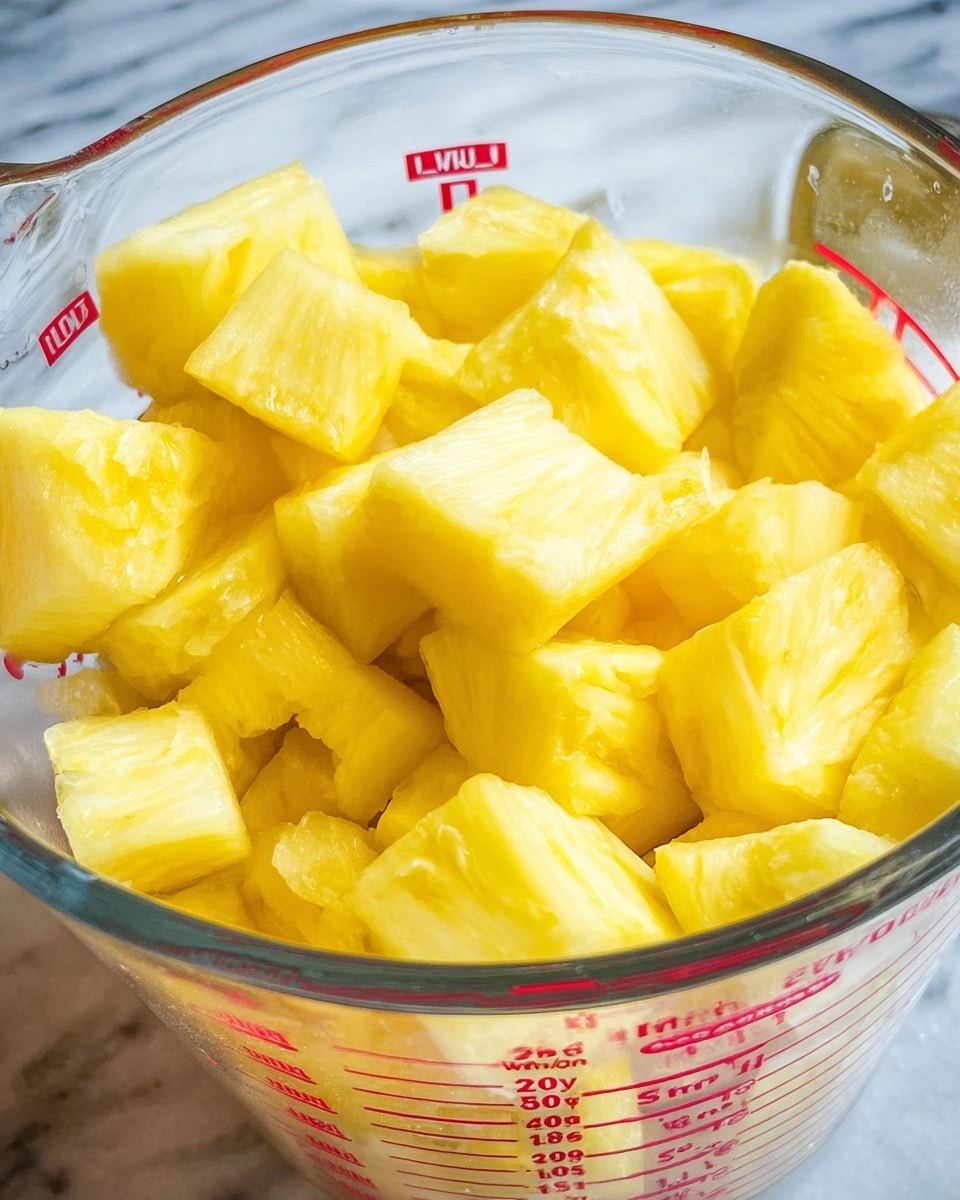 The image shows a clear glass measuring cup filled with bright yellow pineapple pieces cut into various sizes, mostly triangular and rectangular chunks. The cup's red measurement markings are visible on the side indicating cup volumes, and the pineapple pieces fill the cup close to the top. The background is a white marbled surface seen through the transparent cup, enhancing the fresh and juicy look of the pineapples. photo taken with an iphone --ar 4:5 --v 7