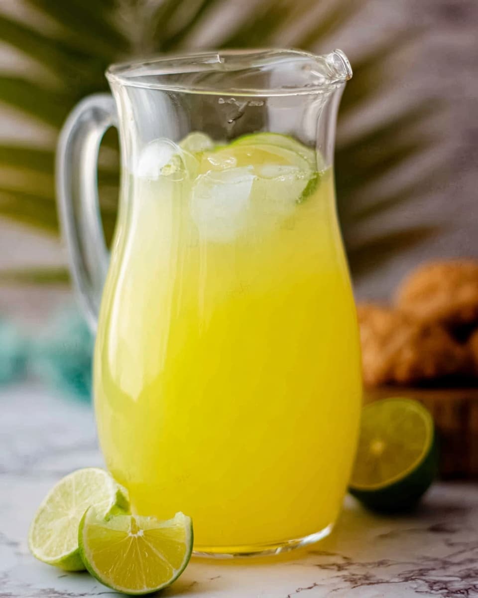 A clear glass pitcher filled with bright yellow lemonade and ice cubes, with a single lime slice floating on top near the spout. The pitcher is placed on a white marbled surface, with two lime slices nearby at the base. In the background, there are hints of a blurred green plant and brown baked goods. The photo has a soft lighting effect and a cozy atmosphere. photo taken with an iphone --ar 4:5 --v 7
