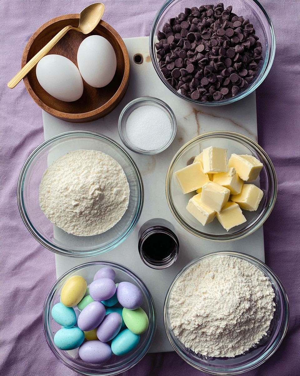 The image shows a white marbled surface with eight cooking ingredients arranged neatly. There are two white eggs in the middle. At the top left is a glass bowl filled with dark brown chocolate chips, next to it on the right is a glass bowl of white sugar. Below the sugar is a glass bowl with pale yellow butter cubes. At the bottom right is a glass bowl with white flour. At the bottom left is a glass bowl with small pastel-colored candy eggs in shades of purple, blue, yellow, and green. Next to the candy, there is a small dark bottle, likely vanilla extract. At the top left, there is a round wooden container with a lid holding white salt and a small golden spoon resting inside. The background is a light purple cloth under the white marbled surface. Photo taken with an iphone --ar 4:5 --v 7