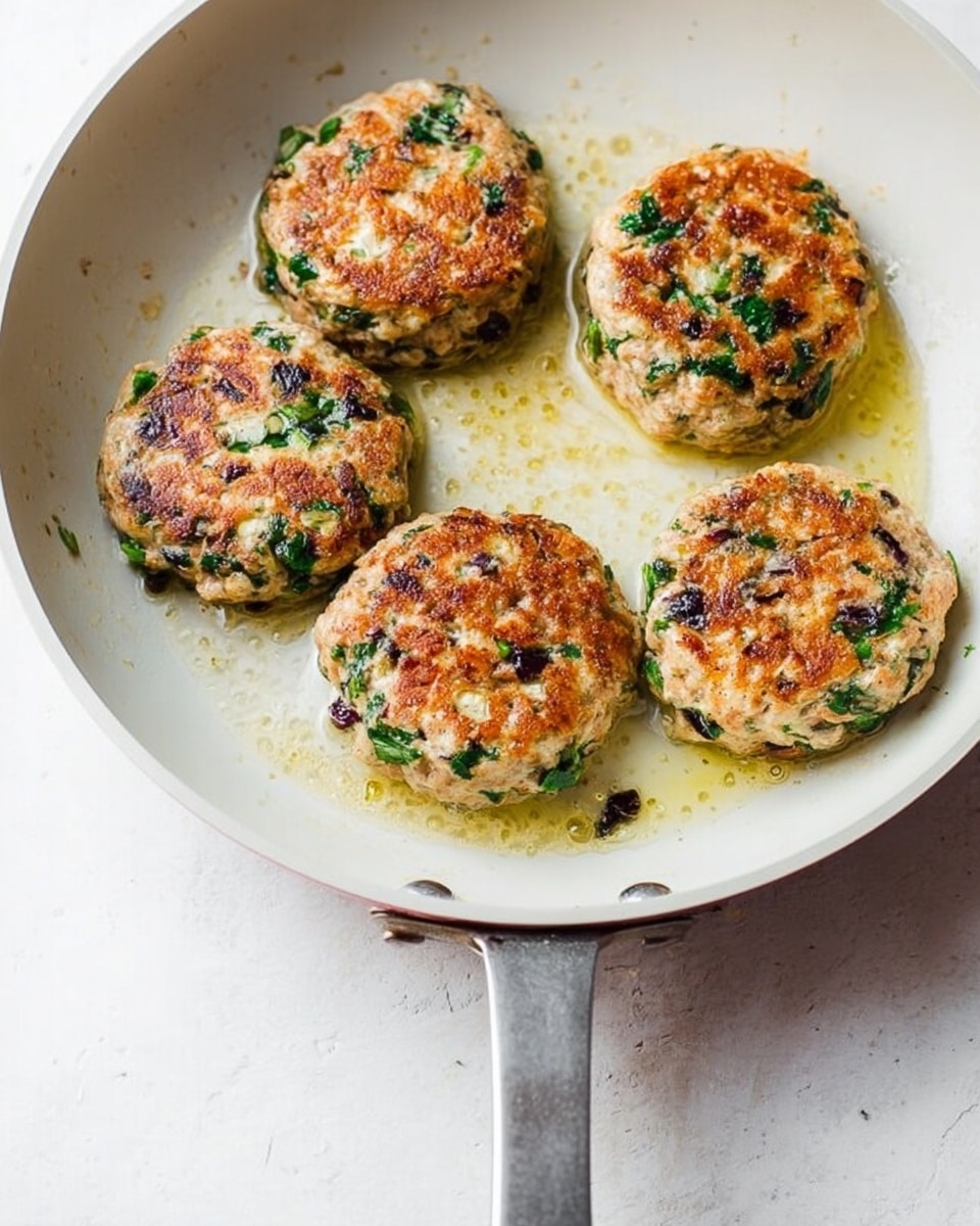 In a white frying pan with a metal handle, there are five round patties cooking. Each patty has a light brown, golden crust on the outside with green leafy bits and small dark pieces inside. The patties look moist and soft with small bubbles of oil around them on the white marbled surface beneath the pan. The patties are placed close to each other, filling most of the pan. Photo taken with an iphone --ar 4:5 --v 7