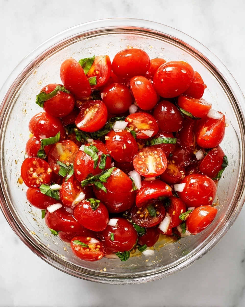 A clear glass bowl holds a colorful mix of bright red cherry tomatoes that are halved, showing their juicy interiors. Scattered throughout are small pieces of fresh green basil leaves, adding contrast. Tiny bits of white chopped onions are mixed in, with a light coating of golden olive oil glistening on the tomatoes. The bowl is placed on a white marbled surface, creating a clean and simple background. The tomatoes appear fresh and slightly shiny, as if just tossed together in the bowl for a fresh salad photo taken with an iphone --ar 4:5 --v 7