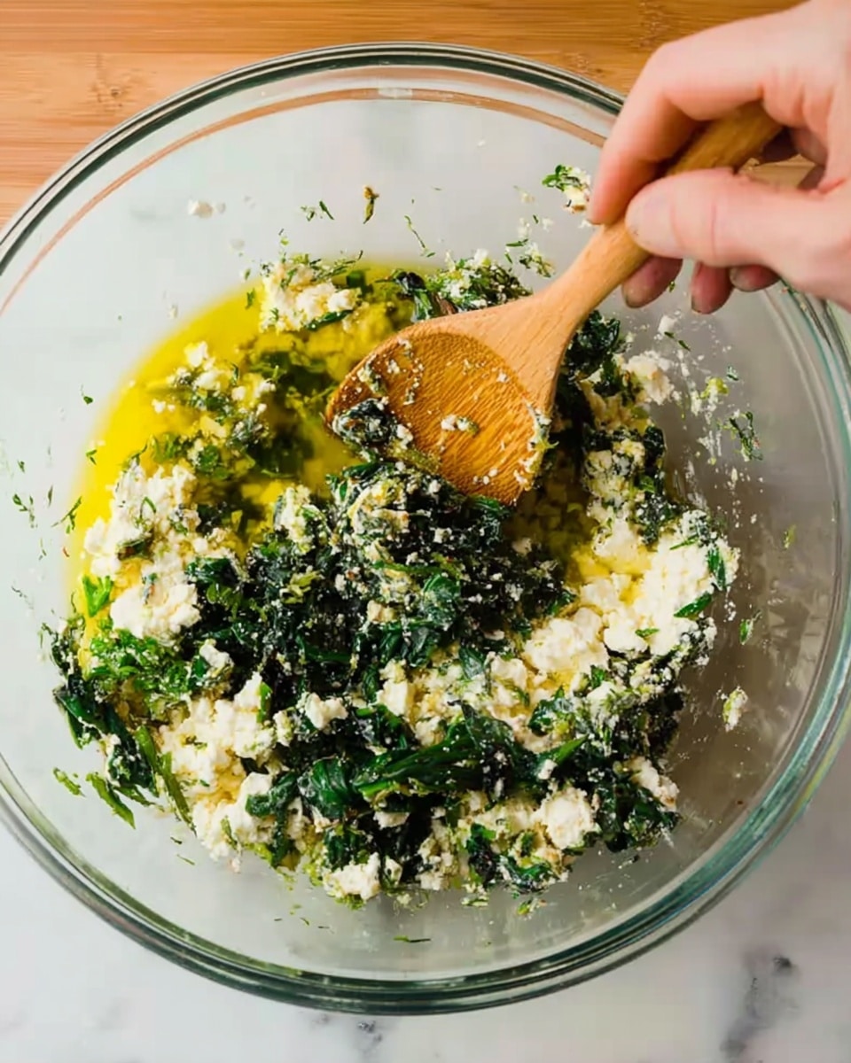 A clear glass bowl sits on a white marbled surface, filled with a mix of crumbled white cheese and dark green chopped spinach. A woman's hand holds a wooden spoon which is stirring the ingredients, creating swirls of yellow olive oil that shine on top of the cheese and spinach mixture. The textures show soft, crumbly cheese contrasted with leafy, slightly wet spinach leaves. Photo taken with an iphone --ar 4:5 --v 7