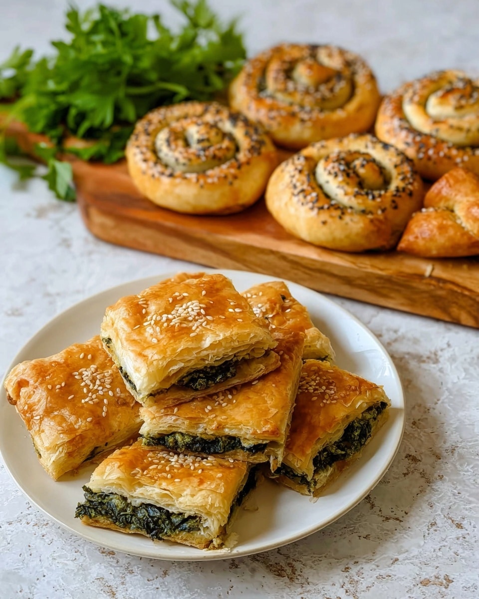 The image shows two types of baked pastries placed on a white marbled surface. In the foreground, a white plate is filled with square pieces of golden-brown pastry layered with thin, shiny, crisp sheets on top and bottom, and a dark green spinach filling in the middle; the pastries are sprinkled with small sesame seeds on top. In the background, a wooden cutting board holds round, spiral-shaped buns with a similar golden-brown crust, also topped with black and white sesame seeds; the buns have visible swirls of green spinach inside. A small bunch of fresh green parsley lies behind the wooden board, adding a fresh touch to the scene. photo taken with an iphone --ar 4:5 --v 7