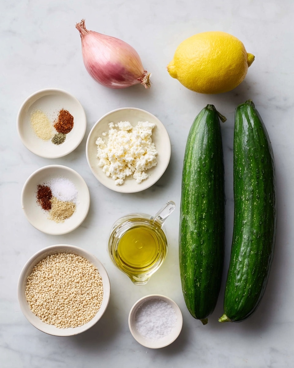 Two long, dark green cucumbers lie side by side on a white marbled surface. Above them are a small pink shallot and a bright yellow lemon placed in a row. To the right are three small white bowls, the top one holding three different spices in fine piles with brown, red, and green tones, the middle one containing crumbled white cheese, and the bottom one filled with light tan sesame seeds. Below the cheese bowl is a small glass bottle of light golden olive oil, and next to the sesame seeds is another bowl with coarse white salt. The scene is neat and bright with natural light. photo taken with an iphone --ar 4:5 --v 7