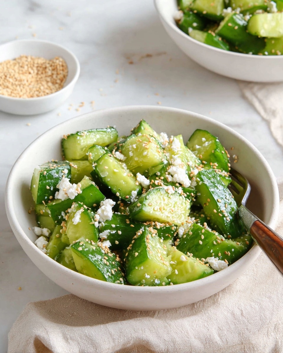 A white bowl filled with bright green cucumber pieces that are cut into thick, uneven chunks. The cucumber pieces are sprinkled with white crumbled cheese and small golden sesame seeds. There is a silver fork resting inside the bowl on the right side. In the background, there is another white bowl with more of the cucumber salad and a small white bowl with sesame seeds on a white marbled surface. A beige cloth napkin is placed under the main bowl on the left side. The scene is bright and fresh, showing a simple cucumber salad. photo taken with an iphone --ar 4:5 --v 7