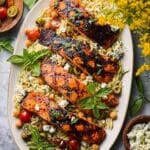 The Best Greek Salmon with Lemon Feta and Orzo Summer Salad Recipe
