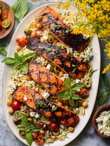 The Best Greek Salmon with Lemon Feta and Orzo Summer Salad Recipe