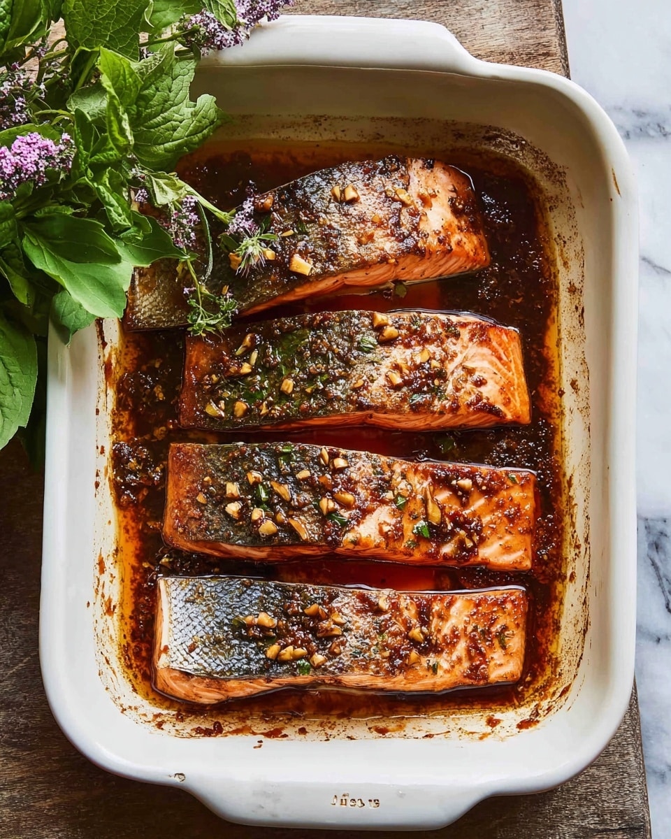 A white rectangular baking dish holds four pieces of salmon with skin on one side, arranged in a slightly overlapping row. The salmon fillets are covered in a dark, oily marinade with visible garlic pieces and herbs, giving them a reddish-brown glossy texture. The dish shows splashes of the marinade on the sides. The background is a white marbled surface with a small bunch of green leafy herbs, including purple flowers, placed beside the dish. Photo taken with an iphone --ar 4:5 --v 7