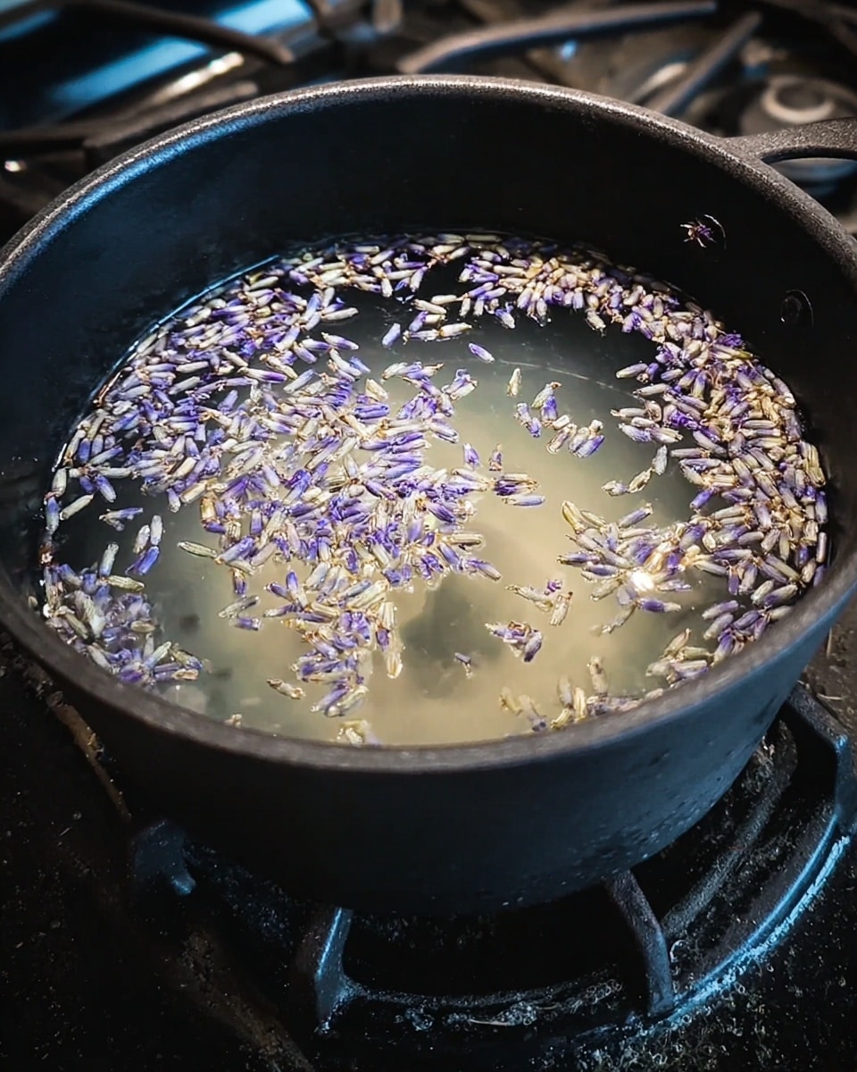 A black pot filled with clear water and small light purple and beige dried lavender flowers floating on the surface, the pot is on a stove with a black burner beneath it, and the edge of the pot shows some wear. Photo taken with an iphone --ar 4:5 --v 7