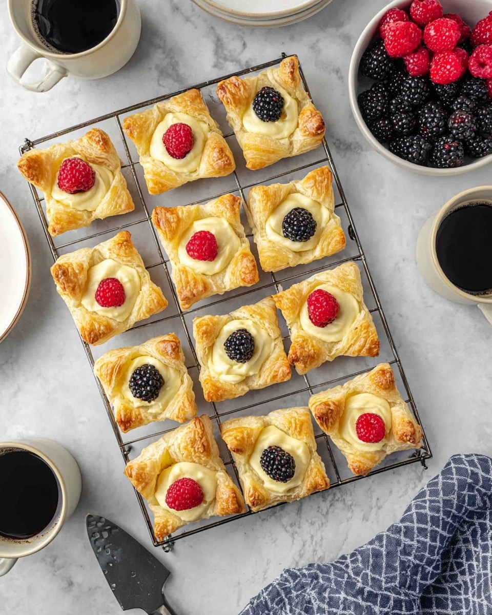 The image shows a cooling rack filled with 14 small square pastries arranged in rows. Each pastry has a golden-brown puff pastry base with edges folded up unevenly to form a shallow cup. Inside the pastry is a pale yellow cream layer that looks smooth and soft. On top of each cream layer are three fresh berries: two red raspberries and one black blackberry, placed in the center. The rack is set on a white marbled surface. Around the rack, there are white cups filled with black coffee, a white bowl with more blackberries and raspberries, an empty white plate, a gray spatula, and a blue and white checked cloth on the side. photo taken with an iphone --ar 4:5 --v 7