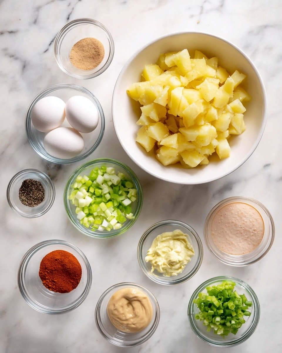 The image shows several clear glass bowls and one white bowl arranged neatly on a white marbled surface. The largest white bowl is filled with chopped yellow potatoes. Around it, smaller clear glass bowls hold various ingredients: two whole white eggs, finely chopped green celery, sliced green onions, a light brown sauce, a yellow mustard-like paste, a light pink creamy substance, a small amount of light yellow relish, a small pile of black pepper, a pinch of salt, and a reddish seasoning powder. All items are evenly spaced, creating a clean and organized look. Photo taken with an iphone --ar 4:5 --v 7