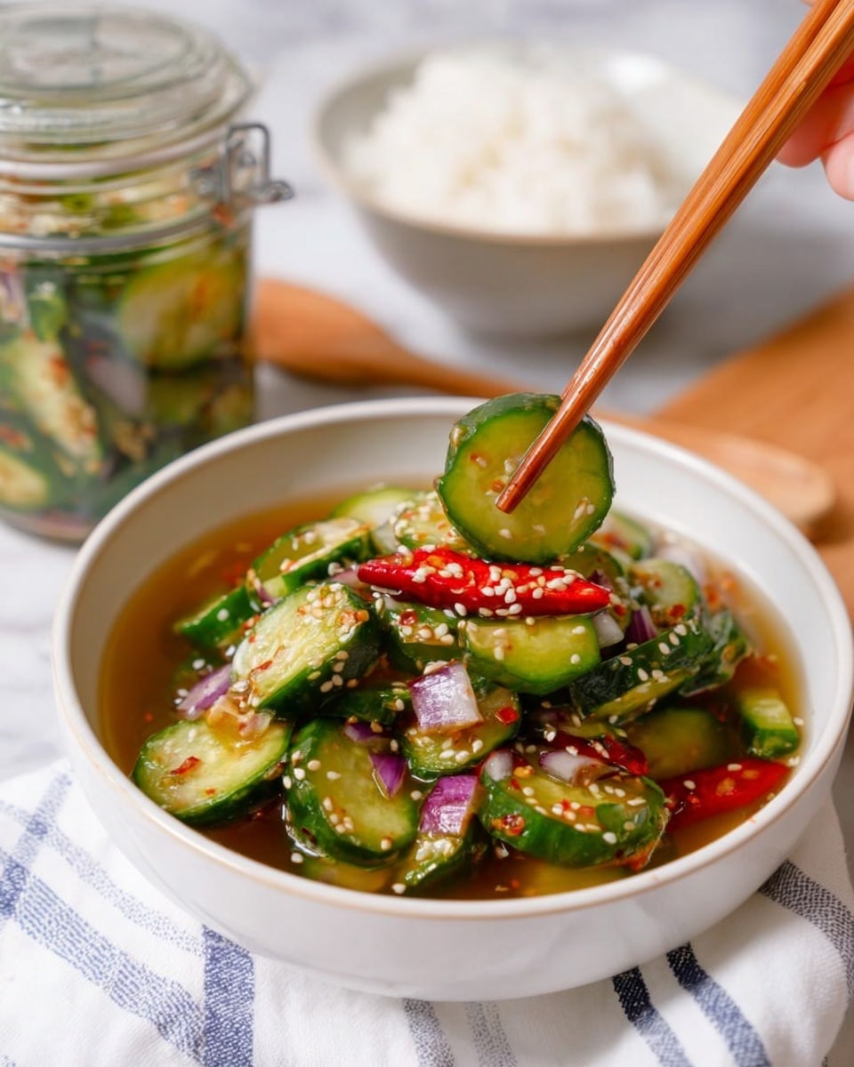 A white bowl filled with a cucumber salad in light brown sauce, showing about three layers: the bottom clear sauce, the middle layer of green cucumber slices, red chili slices, and purple shallot pieces, all sprinkled with white sesame seeds on top. A woman's hand holding wooden chopsticks lifts one green cucumber piece above the bowl. In the background, there is a white bowl of white rice and a glass jar with more cucumber salad, all placed on a white marbled surface with a white and blue striped cloth near the front. photo taken with an iphone --ar 4:5 --v 7
