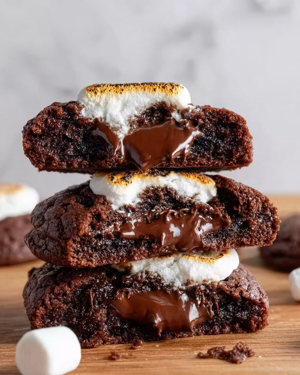 The image shows a close-up of a stack of three chocolate cookies on a wooden surface. Each cookie is thick and dark brown with a rich, melted chocolate center that looks smooth and shiny. The top cookie has a toasted white marshmallow on it with light golden brown edges. The cookies look soft and moist, and there are small crumbs around them. The background is a white marbled texture. Photo taken with an iphone --ar 4:5 --v 7