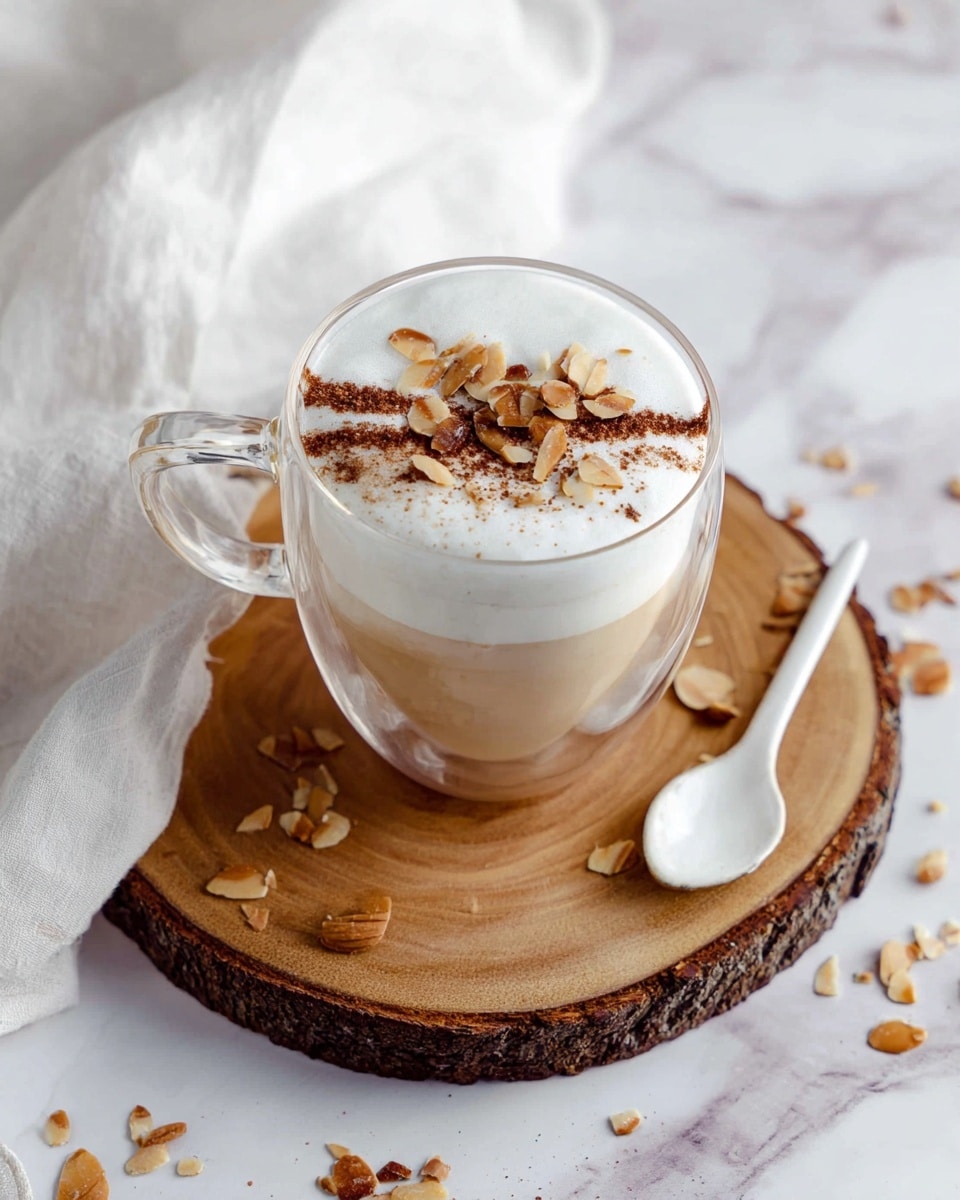 A clear glass cup with a handle holds a two-layered drink: the bottom layer is light brown coffee, topped with a thick white foam layer. The foam is garnished with a line of brown powder and scattered light tan almond flakes across the center. The cup sits on a round wooden board with natural rings and almond flakes sprinkled around. A white ceramic spoon is placed beside the cup on the board. A soft, white cloth is placed in the upper left corner on a white marbled surface. Photo taken with an iphone --ar 4:5 --v 7