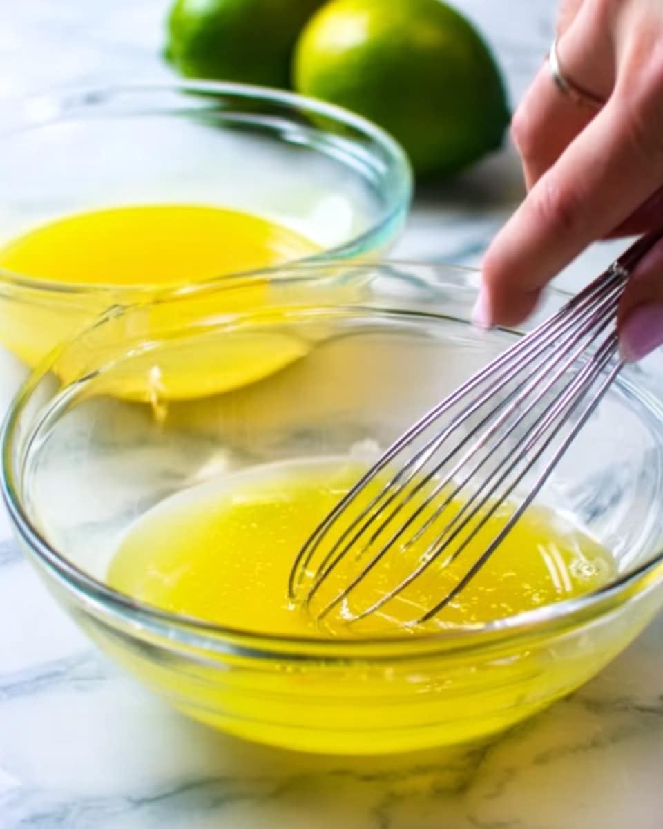 A woman's hand is holding a clear glass bowl filled with a bright yellow liquid, being whisked with a metal whisk. Next to it, slightly blurred, is another clear glass bowl with some more yellow liquid inside. The scene is set on a white marbled surface with green limes slightly out of focus in the background. The lighting is soft, highlighting the smooth and shiny texture of the yellow liquid and the glass bowls. Photo taken with an iphone --ar 4:5 --v 7