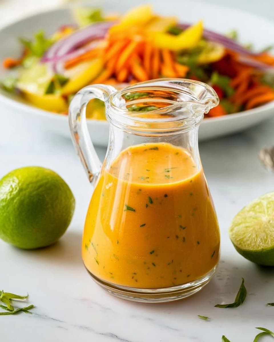 A clear glass jug filled with a smooth, creamy orange sauce with small green herb bits inside, placed on a white marbled surface. Nearby, there is a whole bright green lime and a lime cut in half, with a few scattered small green leaf pieces on the surface. In the background, slightly blurred, is a white plate holding a colorful salad with layers of orange carrot slices, pale yellow pieces, and purple onion strips. Photo taken with an iphone --ar 4:5 --v 7