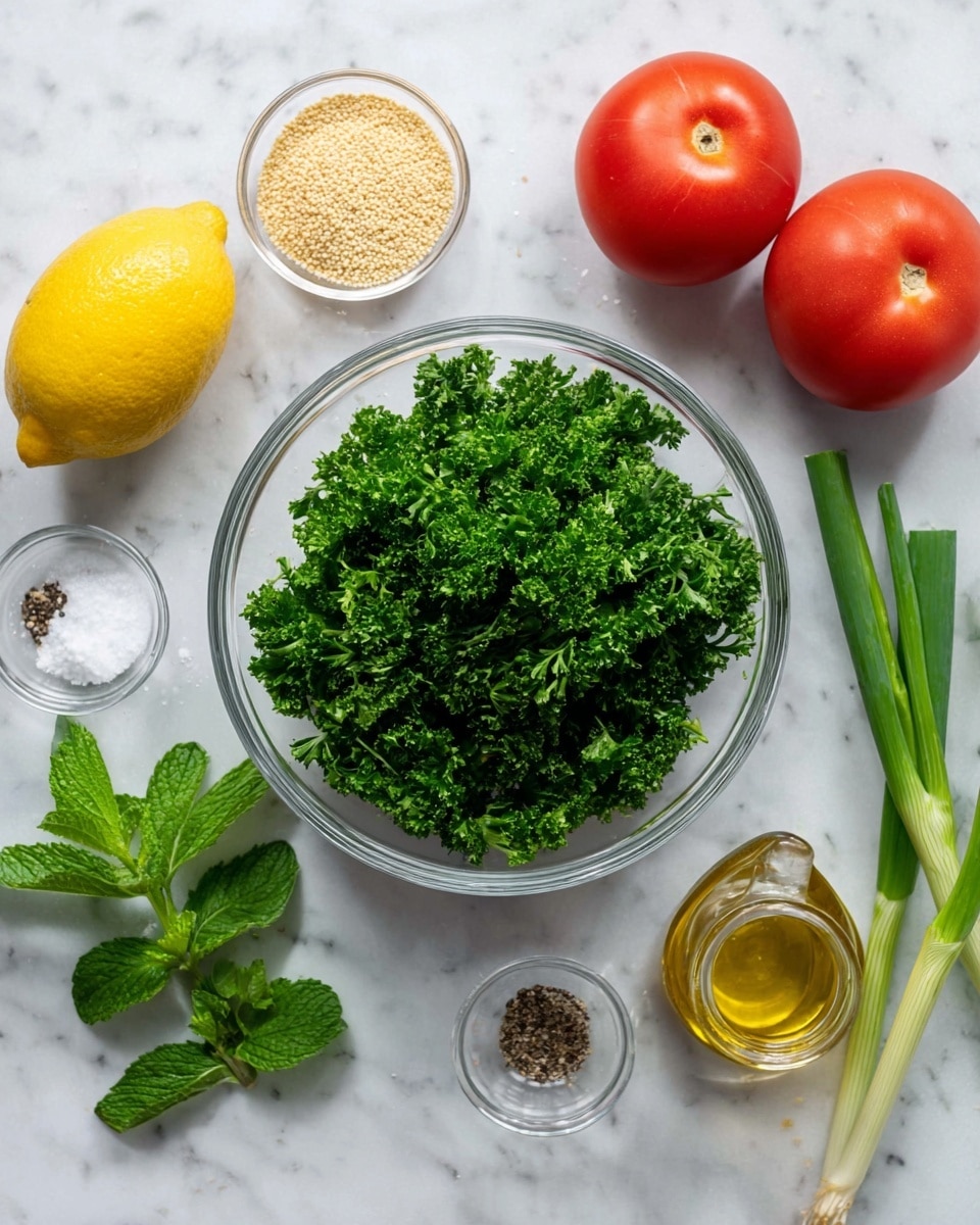 A clear glass bowl filled with bright green curly parsley sits in the center on a white marbled surface. Surrounding it are fresh ingredients for a dish: a whole yellow lemon on the left, a small bunch of green mint leaves below the lemon, a small clear bowl with coarse salt and pepper on the upper right, two red roma tomatoes to the right, two long green spring onions next to the tomatoes, a small glass jar of light golden olive oil with a clear glass lid, and a small glass bowl of light tan bulgur wheat at the upper left. Everything is neatly arranged and fresh in appearance, photo taken with an iphone --ar 4:5 --v 7