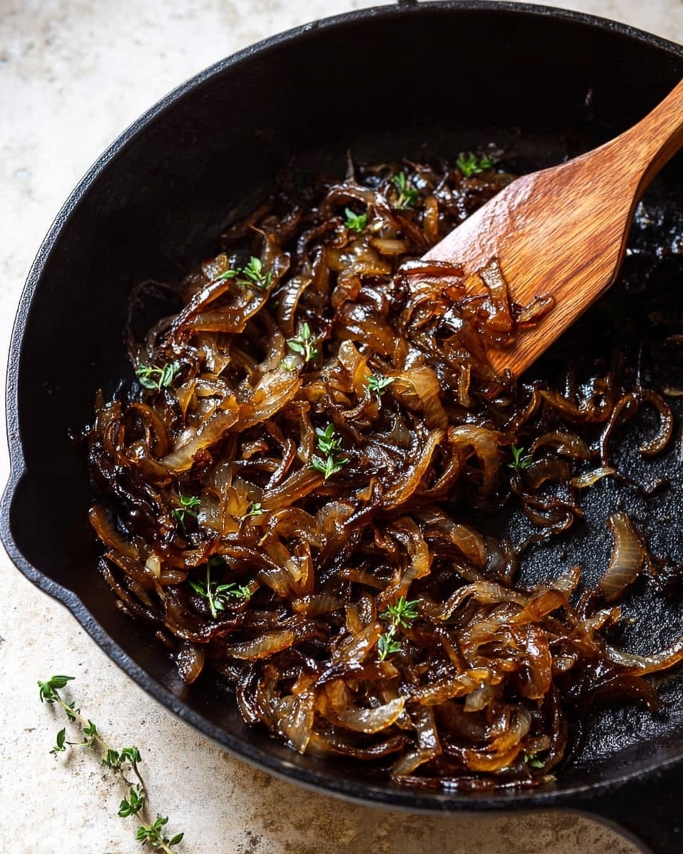 The image shows a black cast-iron pan filled with a single layer of caramelized onions. The onions are cooked to a dark brown color with glistening shiny edges, mixed with small sprigs of fresh thyme scattered on top. A wooden spatula with some onions sticking to it rests on the right side of the pan, slightly lifting some caramelized onions. The pan sits on a white marbled textured surface. photo taken with an iphone --ar 4:5 --v 7