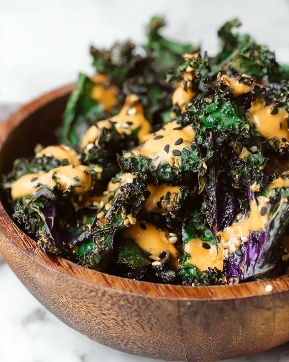 The image shows a close-up of a wooden bowl filled with crispy kale leaves that have a mix of dark green and purple colors. The kale leaves have a rough, slightly curled texture and are topped with a creamy orange sauce drizzled unevenly over them. Small seeds are scattered on top, adding a bit of texture contrast. The bowl is placed on a white marbled surface. photo taken with an iphone --ar 4:5 --v 7