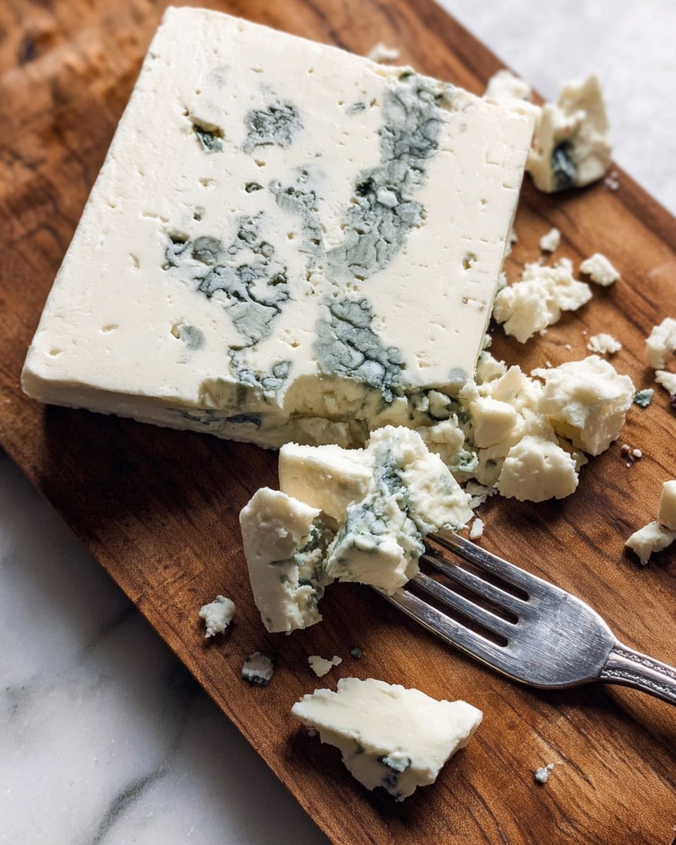 A close-up image shows a block of white cheese with green-blue mold veins running through it resting on a wooden cutting board. Part of the cheese has been crumbled into small pieces and a silver fork holds a chunk of the cheese with visible soft texture and mold. The surface beneath the cutting board is a white marbled texture. photo taken with an iphone --ar 4:5 --v 7