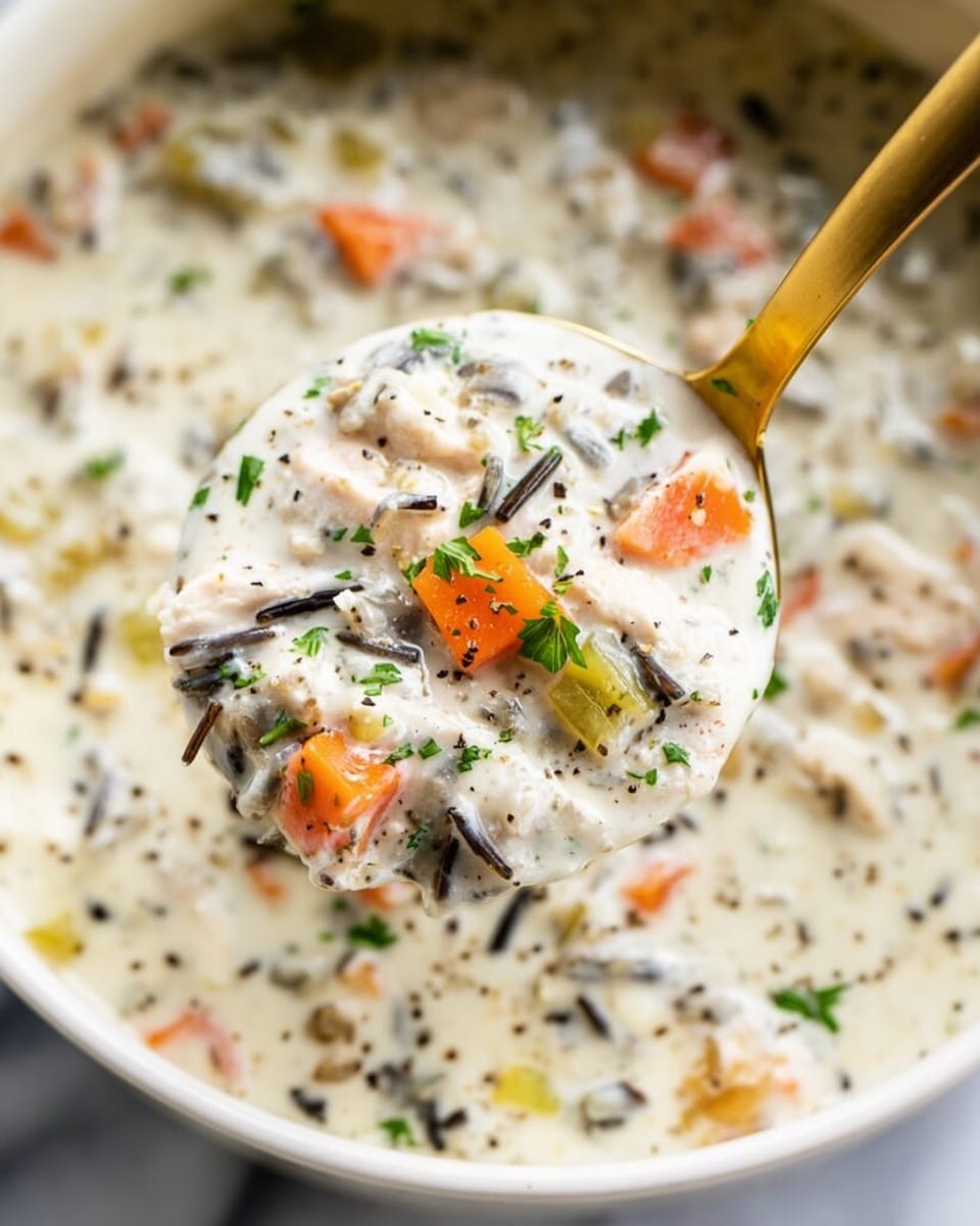 A close-up view of a creamy white soup filled with small pieces of white meat, bright orange carrot chunks, light green celery bits, and dark brown wild rice grains, all mixed closely in a thick creamy base with scattered green parsley leaves on top. The soup is being scooped up by a shiny gold spoon with a smooth texture, held above the pot. The soup shows a few black pepper specks sprinkled over the top, highlighting the creamy consistency with colorful vegetable pieces clearly visible. The background features a blurred white marbled texture. photo taken with an iphone --ar 4:5 --v 7