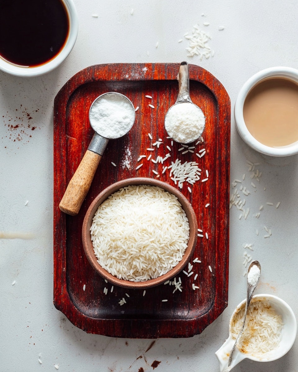 The image shows a small brown bowl filled with white uncooked rice placed on a dark wooden rectangular tray. On the tray, there is a metal measuring spoon with a brown wooden handle holding white powder on the left side and another small metal spoon holding a small amount of white powder beside the bowl. Some grains of rice are scattered around on the wooden tray and the white marbled surface underneath. Surrounding the tray are a few white bowls—one with dark brown liquid, one partially visible with white liquid, and a white spoon with some brown liquid spilling on the white marbled surface. Photo taken with an iphone --ar 4:5 --v 7