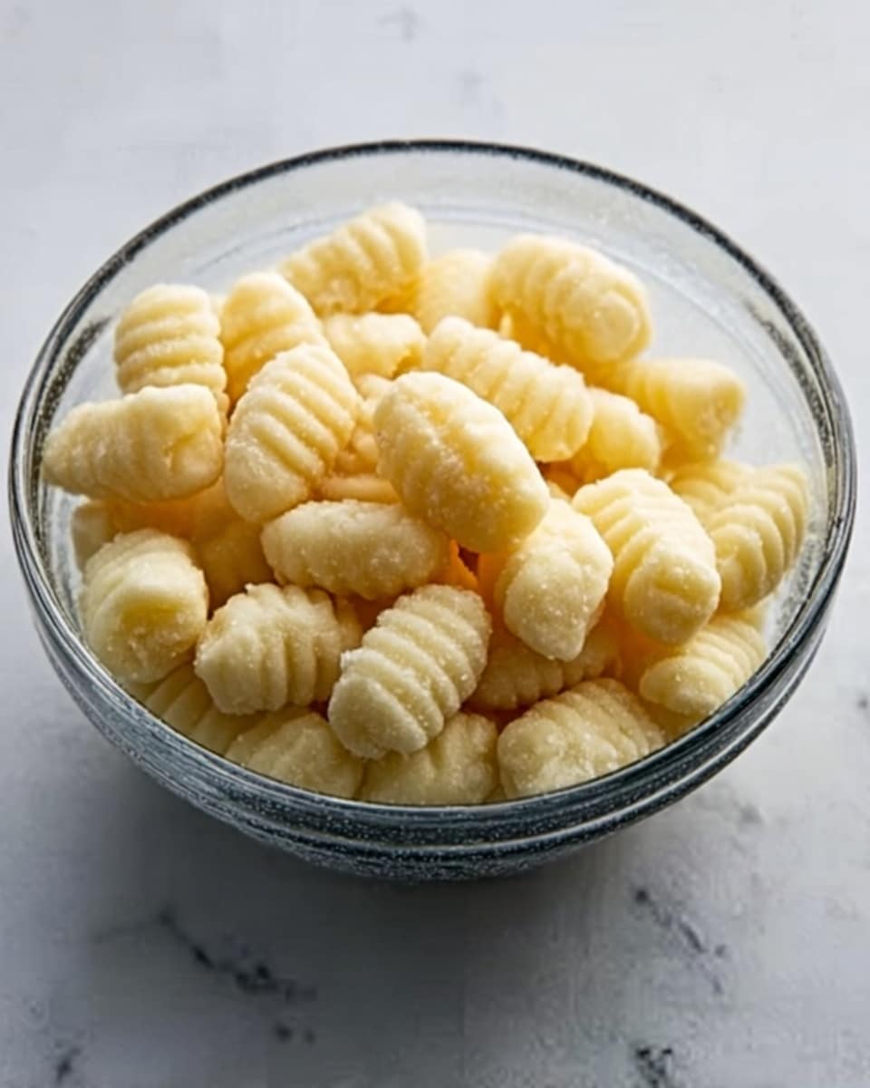 The image shows a clear glass bowl filled with small, pale yellow gnocchi pieces that have a soft, ridged texture on their tops and smooth sides. The bowl is placed on a white marbled surface, and the gnocchi are stacked loosely inside, filling the bowl about halfway. The light softly highlights the gentle curves and grooves on each piece, giving a fresh and simple look. Photo taken with an iphone --ar 4:5 --v 7