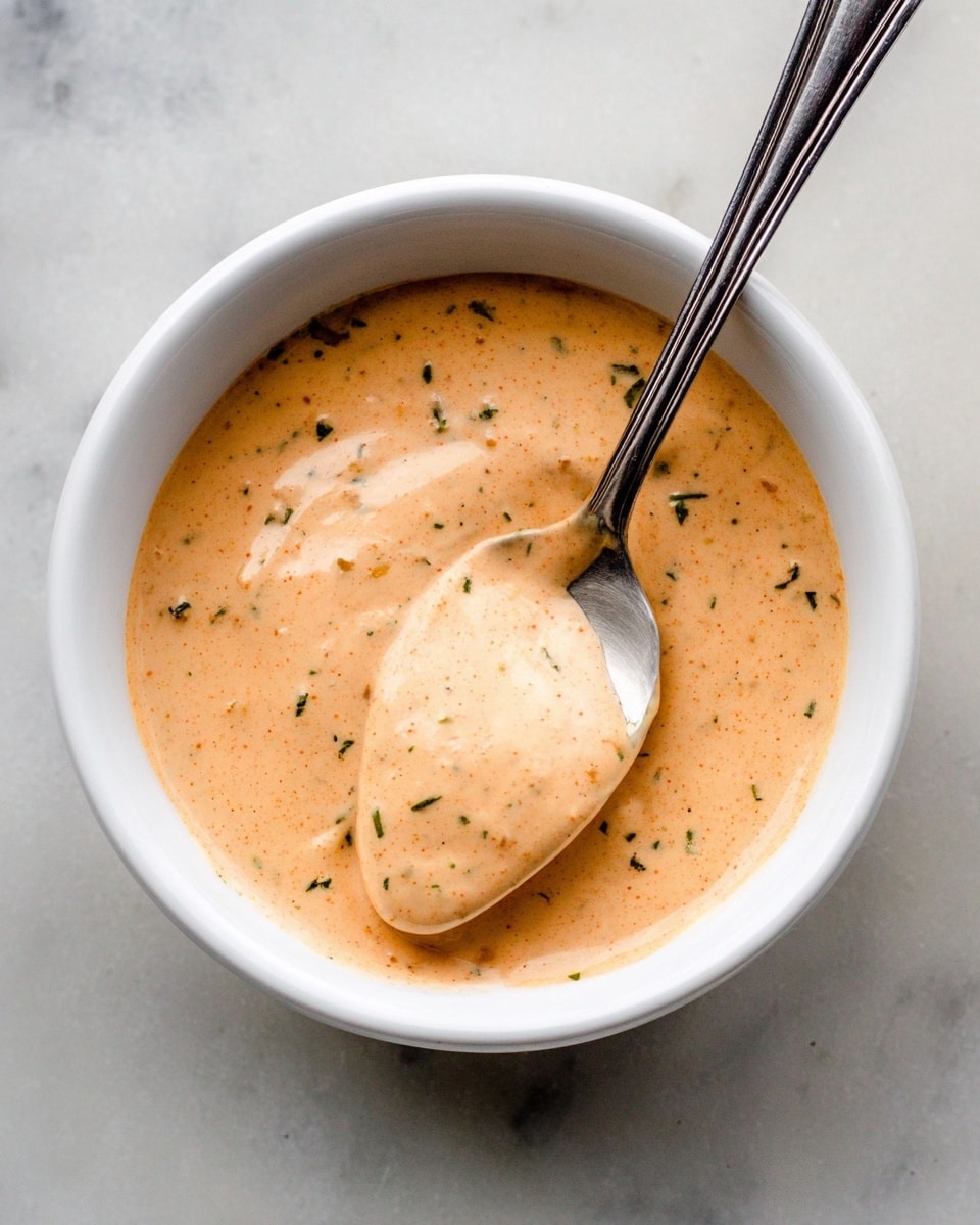 A smooth, creamy sauce with a light orange color and small flecks of green herbs is shown in a small white bowl. The sauce has a thick texture, and a silver spoon is partially dipped into it, resting on the edge of the bowl. The bowl sits on a white marbled surface, creating a clean and simple background. photo taken with an iphone --ar 4:5 --v 7