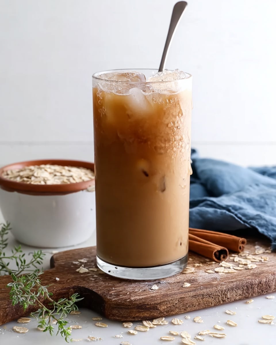 A tall clear glass filled with light brown iced coffee with ice cubes visible inside and some foam on top, a silver spoon stands inside the glass; the glass is placed on a worn wooden board which rests on a white marbled surface scattered with oats; near the glass there is a white bowl with a brown rim filled with oats, a cinnamon stick, a small sprig of greenery, and a blue cloth are also on the surface, the background is plain white. photo taken with an iphone --ar 4:5 --v 7