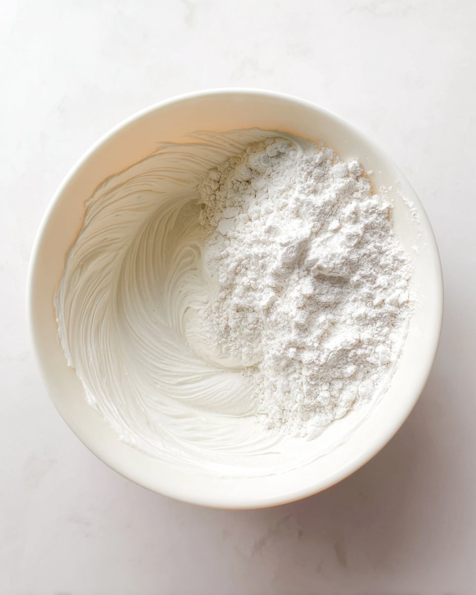 A white bowl holds two main layers inside: one side has a soft, smooth, white whipped cream-like texture with swirls, while the other side features a rough pile of white powder that looks dry and crumbly, sitting next to the whipped layer. The bowl is placed on a white marbled surface, and the lighting is bright and soft, giving the image a clean look. Photo taken with an iphone --ar 4:5 --v 7