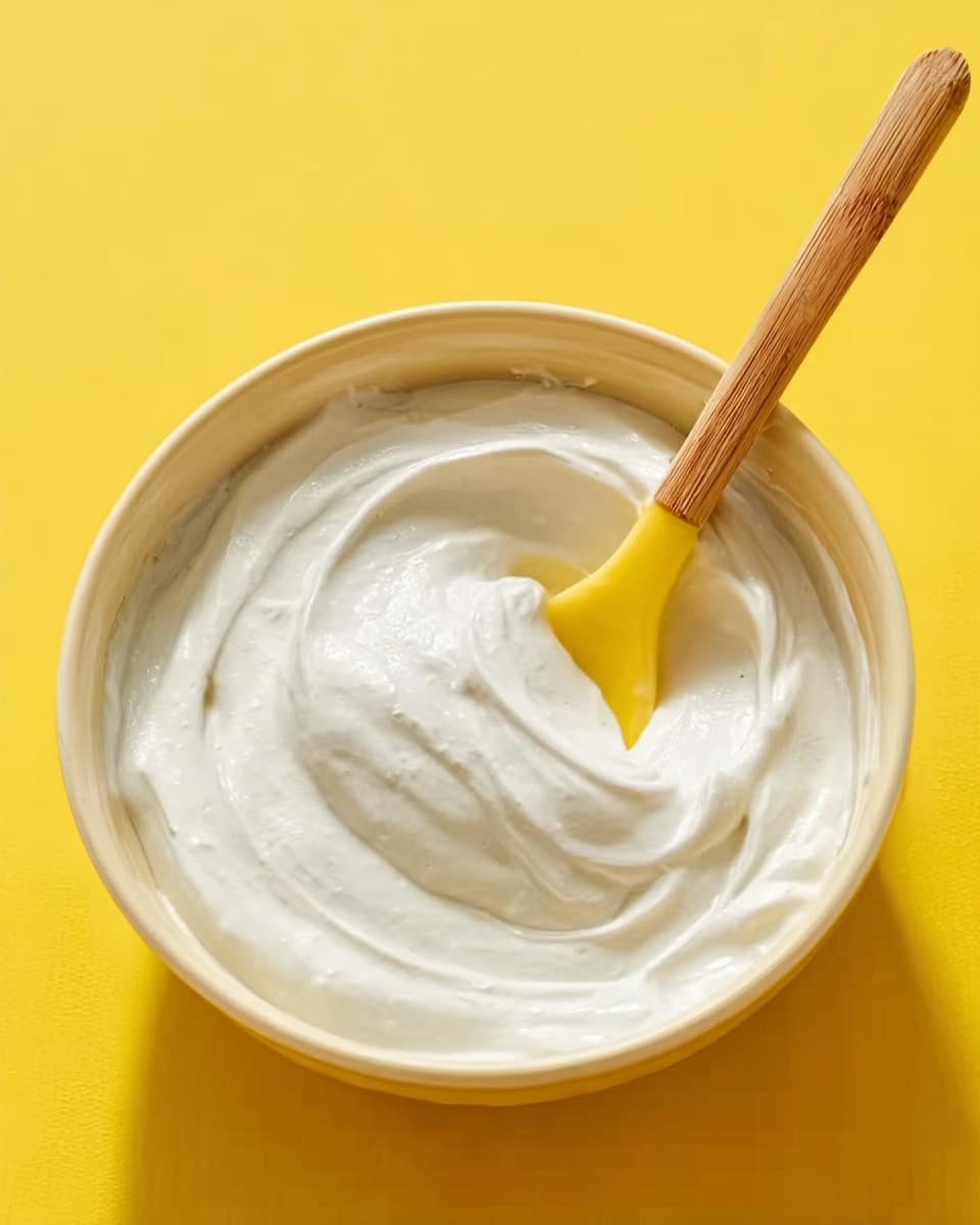 A white bowl filled with smooth, thick white cream that looks soft and fluffy. A yellow wooden spoon is standing inside the cream, resting near the side of the bowl. The bowl is placed on a bright yellow background, creating a warm and simple scene. The texture of the cream shows gentle swirls from stirring. Photo taken with an iphone --ar 4:5 --v 7