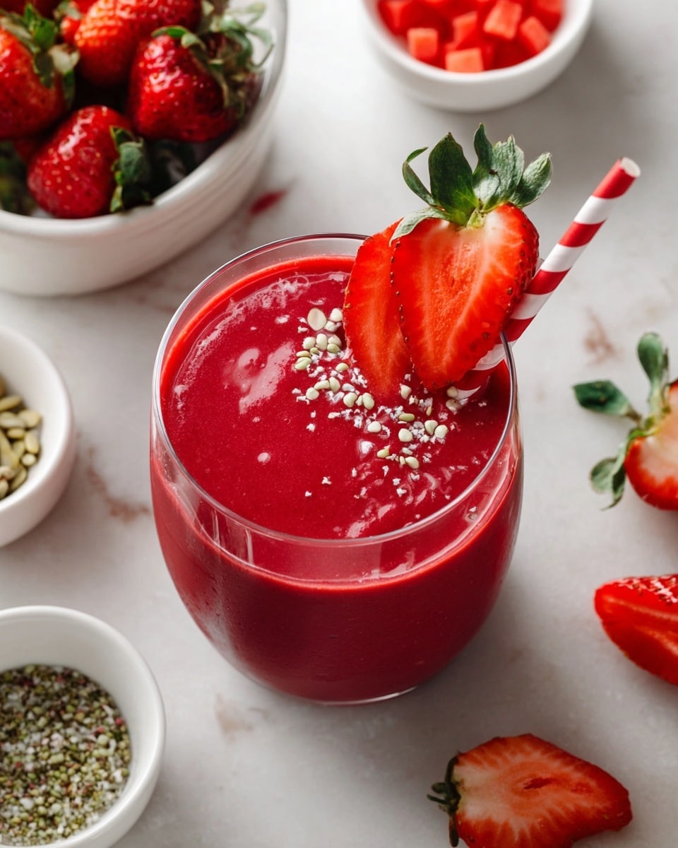 A clear glass filled with one thick layer of bright red smoothie topped with small white and green seeds scattered on the surface. On the rim of the glass, two thin slices of fresh strawberries are placed, and a red and white striped straw sticks out from the drink. The glass sits on a white marbled surface surrounded by fresh strawberry halves with green leaves still attached, a white bowl filled with whole strawberries, and small bowls containing seeds and diced red fruit pieces nearby. Photo taken with an iphone --ar 4:5 --v 7