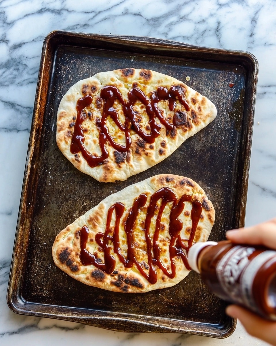 Two pieces of flatbread are placed side by side on a dark baking tray. Each flatbread is a light beige color with some golden brown toasted spots. On top of both flatbreads, there is a thick zigzag line of dark red sauce. In the front right corner, a woman's hand is holding a bottle and squeezing more sauce onto the flatbread below. The baking tray is on a white marbled surface. photo taken with an iphone --ar 4:5 --v 7