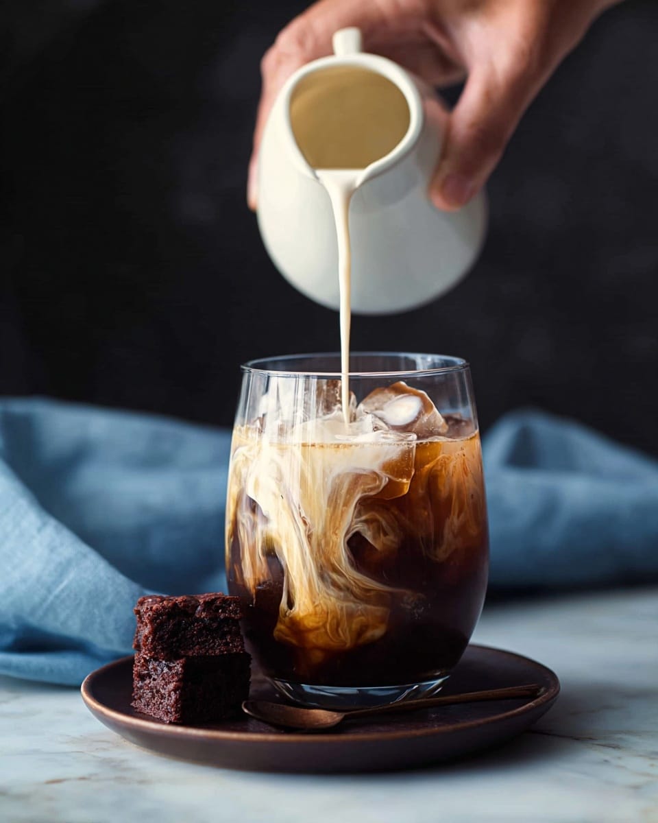 A clear round glass filled with dark brown iced coffee, with white cream being poured from a white ceramic jug into the top, creating swirling patterns as it mixes. The glass sits on a dark brown plate, next to two small dark brown brownie pieces. A woman's hand holds the jug over the glass, and the background is a soft white marbled texture with a blue cloth draped on the left side. photo taken with an iphone --ar 4:5 --v 7