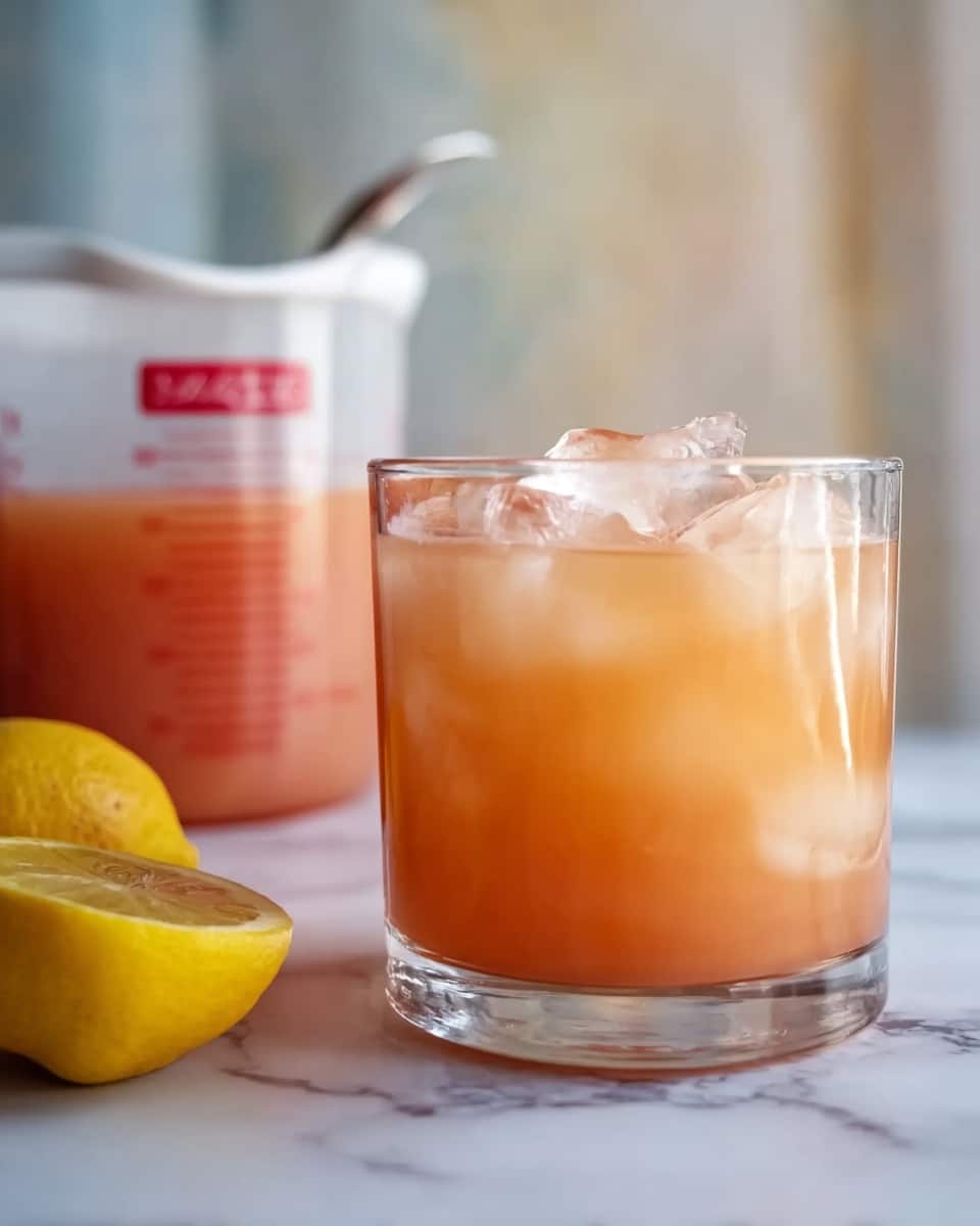 A short clear glass filled with light orange drink and large ice cubes stacked near the top, sitting on a white marbled surface; to the left, a white measuring cup with red measurement marks filled with the same orange liquid and a spoon inside, and in front of the measuring cup, a yellow lemon half resting cut side up; the background is softly blurred with light tones, photo taken with an iphone --ar 4:5 --v 7