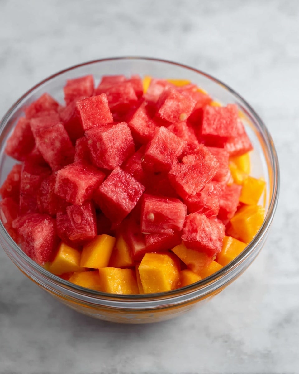 A clear glass bowl is placed on a white marbled surface, filled with two layers of cubed fruits. The bottom layer is made up of small, bright orange cubes, while the top layer is a larger pile of vibrant red watermelon cubes. The textures show the juicy, slightly rough surface of the watermelon and the smooth, firm look of the orange cubes. Photo taken with an iphone --ar 4:5 --v 7