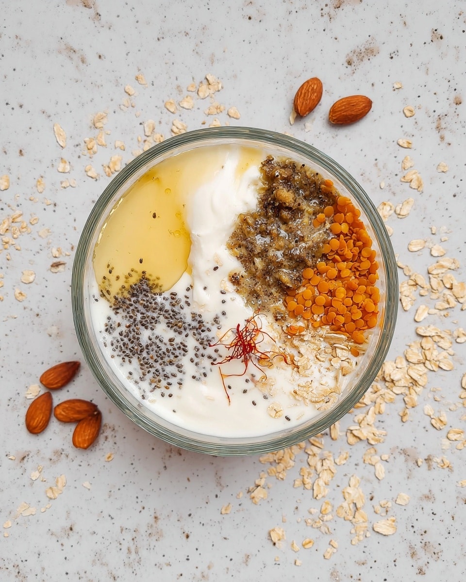 A clear glass bowl sits on a white marbled surface, filled with several distinct layers of ingredients. The base is white yogurt, with clusters of tiny black chia seeds grouped in one spot near the center bottom. To the left, there is a dollop of thick creamy yogurt topped with golden honey dripping slightly to the side. On the upper right side, there is a heap of chopped brown almonds and orange lentils placed close together. A small pinch of delicate reddish saffron strands rests gently on the creamy yogurt near the middle. Around the bowl, scattered oats, seeds, and whole almonds lie on the white marbled surface. photo taken with an iphone --ar 4:5 --v 7