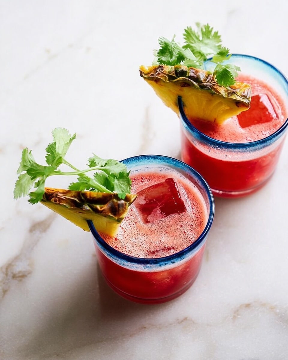 Two clear glasses with blue rims hold a bright red drink filled with one large ice cube each. Each drink is topped with a frothy layer of bubbles. A triangular slice of pineapple with its skin is placed on the rim of each glass, accompanied by fresh green cilantro sprigs that drape over the edges. The glasses sit on a white marbled surface, positioned diagonally with one glass near the top left and the other near the bottom right. Photo taken with an iphone --ar 4:5 --v 7