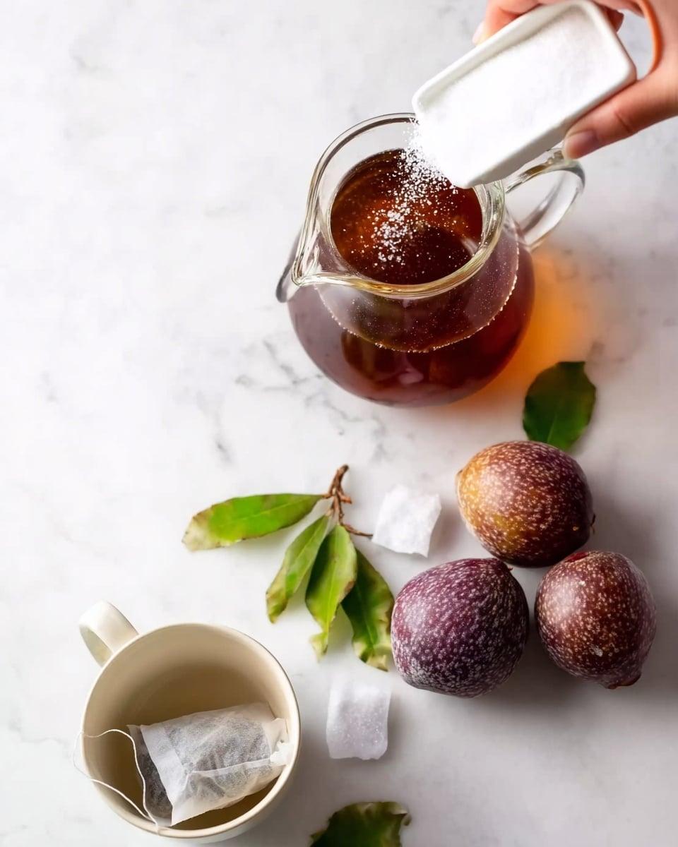 A glass teapot filled with dark brown tea is placed on a white marbled surface. A woman's hand pours white granulated sugar from a small white container into the teapot. Nearby, three whole passion fruits with a rough purple skin and a couple of green leaves are arranged on the surface. In the lower left corner, there is a white cup with two used tea bags inside, one bag partly dipped in the cup and the other resting on the edge. Photo taken with an iphone --ar 4:5 --v 7