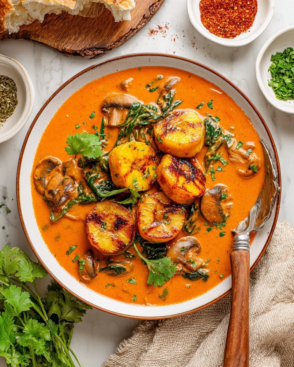 The image shows a white bowl with a brown thin rim filled with a bright orange curry. Inside the curry, there are five pieces of grilled yellow plantains with brown char marks, some green spinach leaves, small slices of brown mushrooms, and fresh green cilantro leaves scattered on top. The orange curry looks creamy with a smooth texture. A wooden spoon with a silver tip rests on the bowl's edge. Around the bowl, on a white marbled surface, there are small white bowls with red spices and green herbs, a piece of bread, some green cilantro on a wooden board, and a beige cloth nearby. Photo taken with an iphone --ar 4:5 --v 7