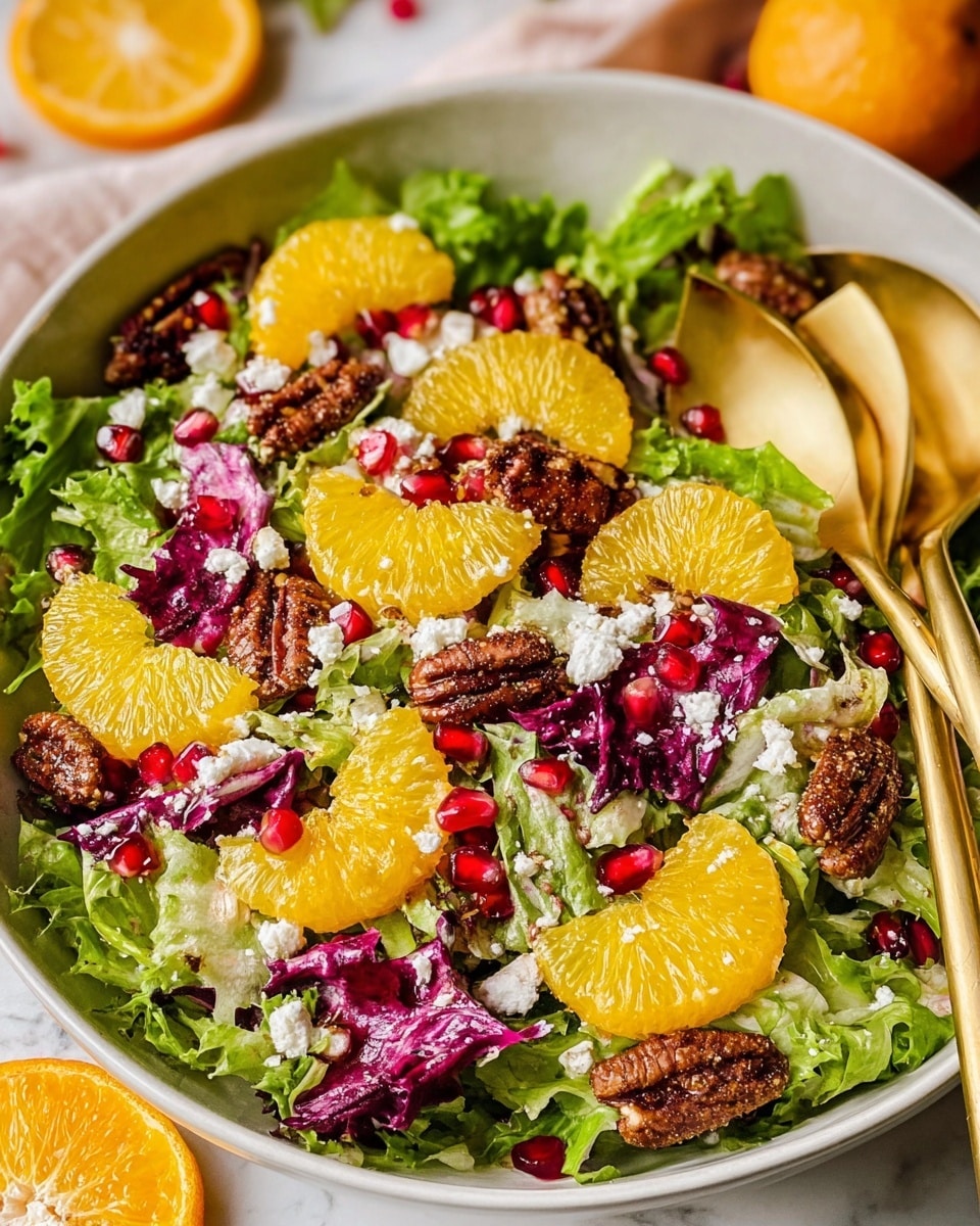 The image shows a close-up view of a fresh salad inside a white bowl placed on a white marbled surface. The salad has three main layers: the bottom layer is a mix of green and purple lettuce leaves with a leafy texture, the middle layer holds bright yellow-orange citrus segments, each juicy and slightly translucent, and the top layer features scattered white crumbly cheese, red shiny pomegranate seeds, and several brown sugar-coated pecans that add crunch and contrast. Two golden salad spoons rest inside the bowl, with one near the top right edge and the other on the bottom left. In the background, there are partially visible orange slices enhancing the color palette. photo taken with an iphone --ar 4:5 --v 7
