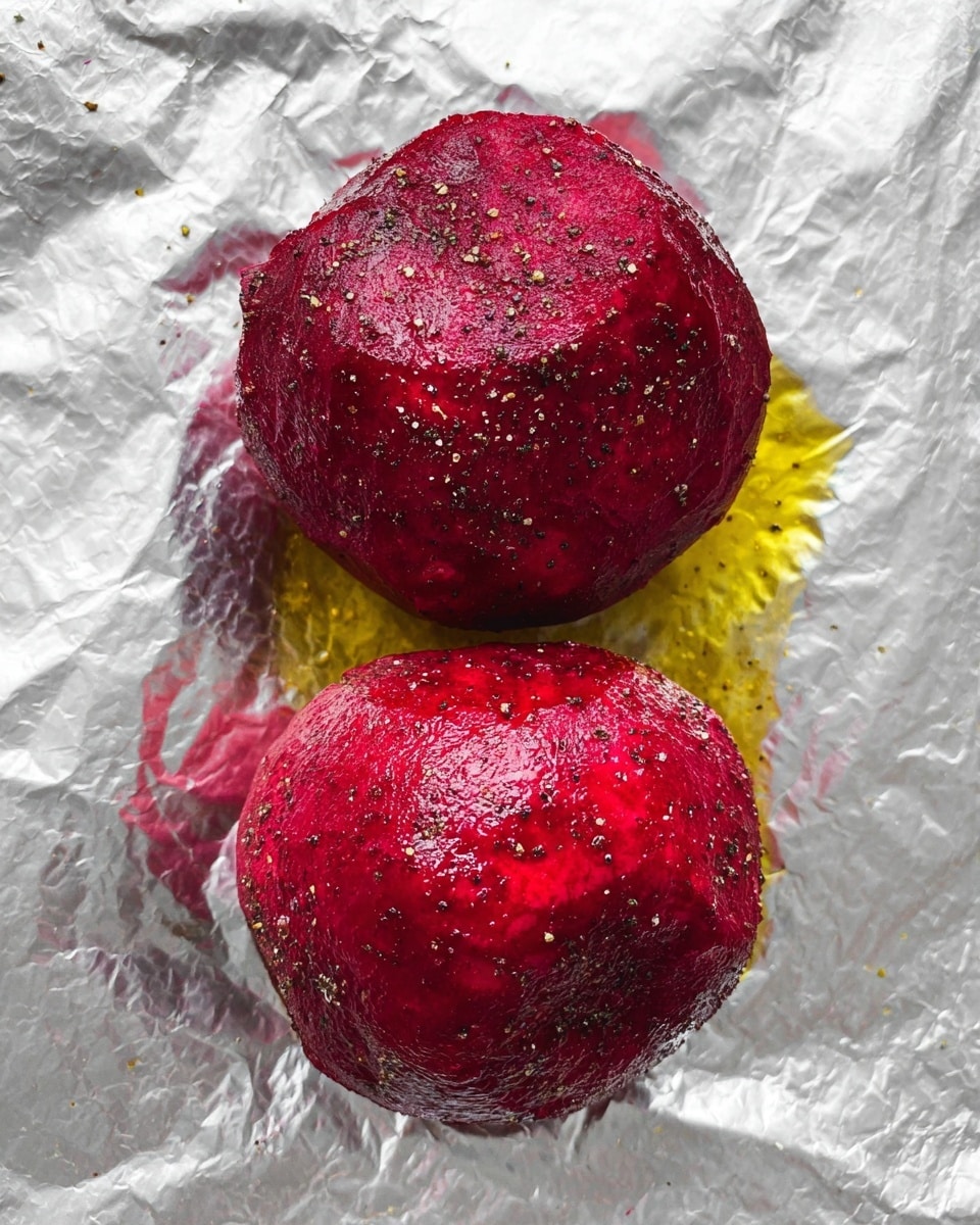 Two round red beets sit closely on a shiny crinkled silver foil surface with a little pool of yellow oil beneath them. Both beets have a smooth but slightly bumpy texture and are sprinkled with black pepper and coarse salt. The top beet is slightly darker and rougher, while the bottom beet is shinier and smoother. The light reflects softly off their wet surfaces, highlighting their deep red color. The background is a white marbled texture. photo taken with an iphone --ar 4:5 --v 7