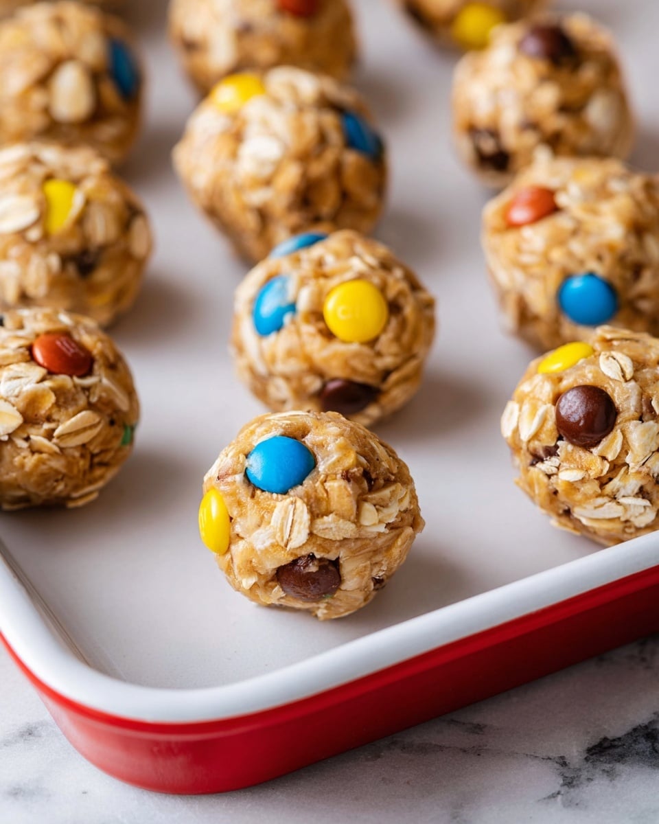 The image shows multiple small round balls made of a mixture that includes oats and pieces of colorful candy and chocolate chips. Each ball has a light brown base with visible oats and candy pieces in yellow, blue, and chocolate brown colors scattered throughout. The balls are arranged closely on a white tray with a red edge, all placed on a white marbled surface. The texture looks slightly rough with a mix of smooth candy shell and oat flakes on each ball. photo taken with an iphone --ar 4:5 --v 7