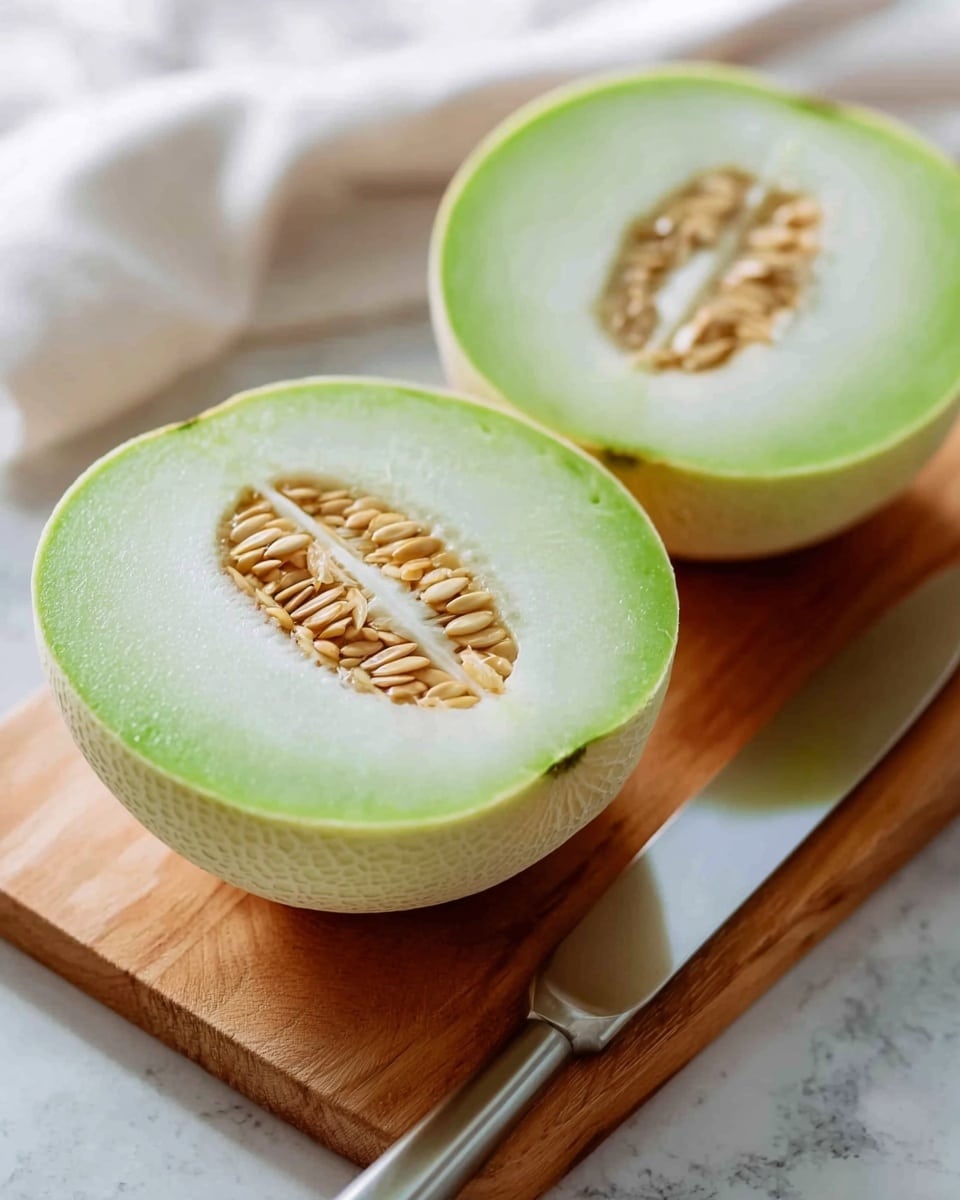 The image shows a melon sliced in half, resting on a wooden board placed on a white marbled surface. Each half reveals a smooth, light green flesh surrounding a cluster of light brown seeds in the center. The skin of the melon is pale and smooth, forming a thin border around the green inner part. A knife with a shiny silver blade lies flat on the board next to the melon halves. The background includes a softly blurred white cloth. photo taken with an iphone --ar 4:5 --v 7