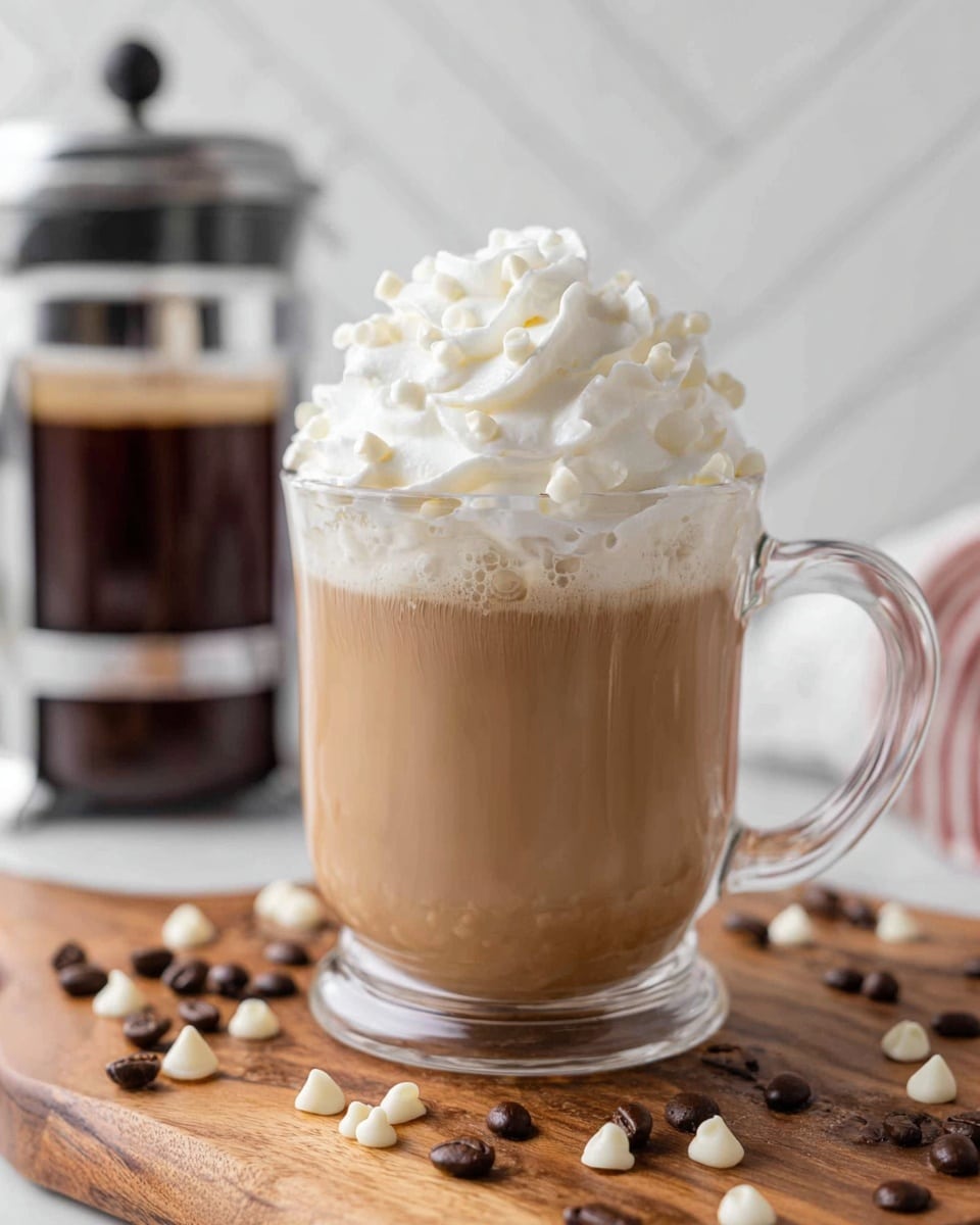 A clear glass mug filled with a smooth light brown coffee layer topped with a thick white whipped cream layer. The whipped cream is swirled high and sprinkled with small white chips. The mug sits on a wooden board with scattered dark brown coffee beans and white chips around it. In the background, a French press with dark brown coffee is slightly blurred, all set against a white marbled surface. Photo taken with an iphone --ar 4:5 --v 7