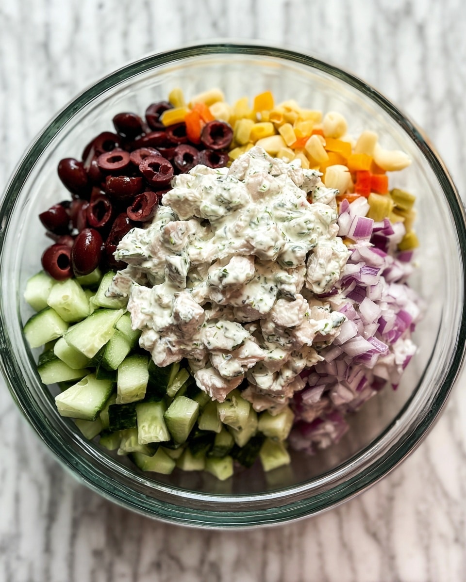 A glass bowl is filled with layers of chopped ingredients. The bottom layer has dark purple sliced olives. Above the olives is a layer of small pieces of white chicken. Next, a fresh layer of chopped green cucumber sits neatly on one side. On the other side are small pieces of red onion and some slices of yellow pasta. All these layers are topped with thick white sauce mixed with herbs, covering the chicken mostly and spilling slightly over other layers. The bowl is on a white marbled surface. photo taken with an iphone --ar 4:5 --v 7