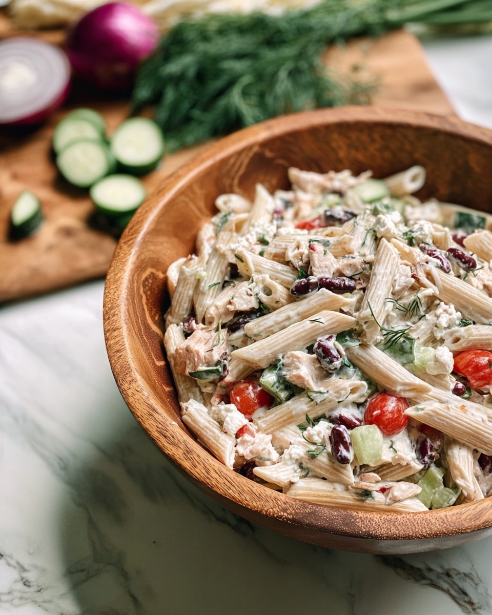 A wooden bowl filled with a creamy pasta salad sits above a white marbled textured surface. The salad has three main layers: the base is light beige penne pasta, mixed with white creamy dressing that lightly coats the pasta. Scattered over and mixed throughout are pieces of white cheese, dark brown beans, small light green cucumber chunks, bright red tomato slices, and bits of light pink chicken. Small green herb sprigs are sprinkled throughout, adding a touch of fresh green. In the background, out of focus on a wooden cutting board, is a bundle of green herbs and a halved cucumber next to a partially visible red onion. Photo taken with an iphone --ar 4:5 --v 7