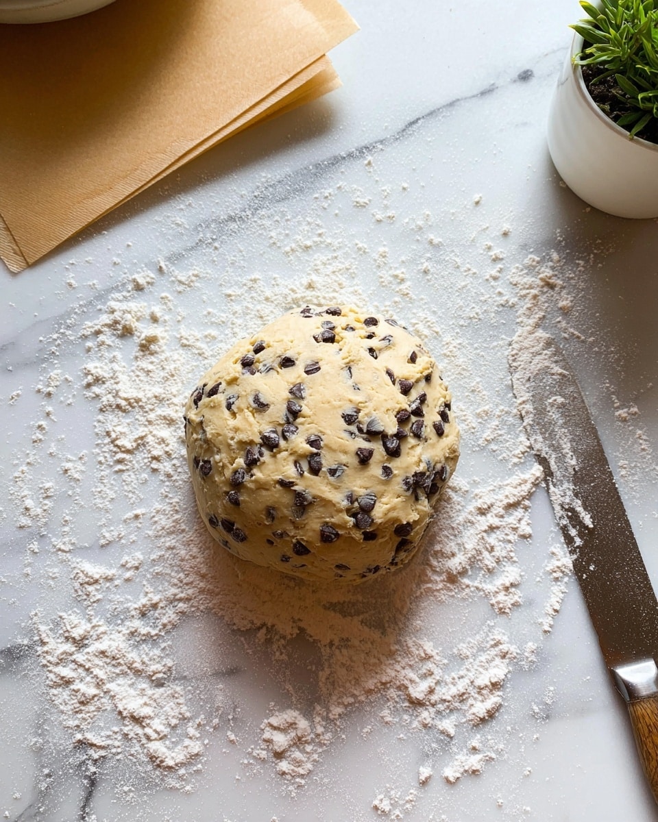 A round ball of dough mixed with many small dark chocolate chips is placed on a white marbled surface lightly dusted with flour, creating a soft white powder spread unevenly around the dough. In the top part of the image, there are folded light brown parchment papers, and a white pot with a green plant is visible on the right side. The lower right corner shows a metal knife resting on the white marbled surface. Photo taken with an iphone --ar 4:5 --v 7